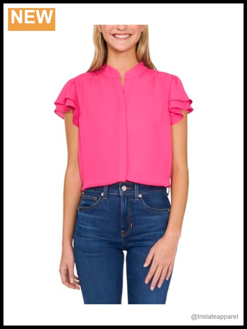 Women's Double Flutter Short Sleeve Blouse 100% Polyester Hidden Placket
